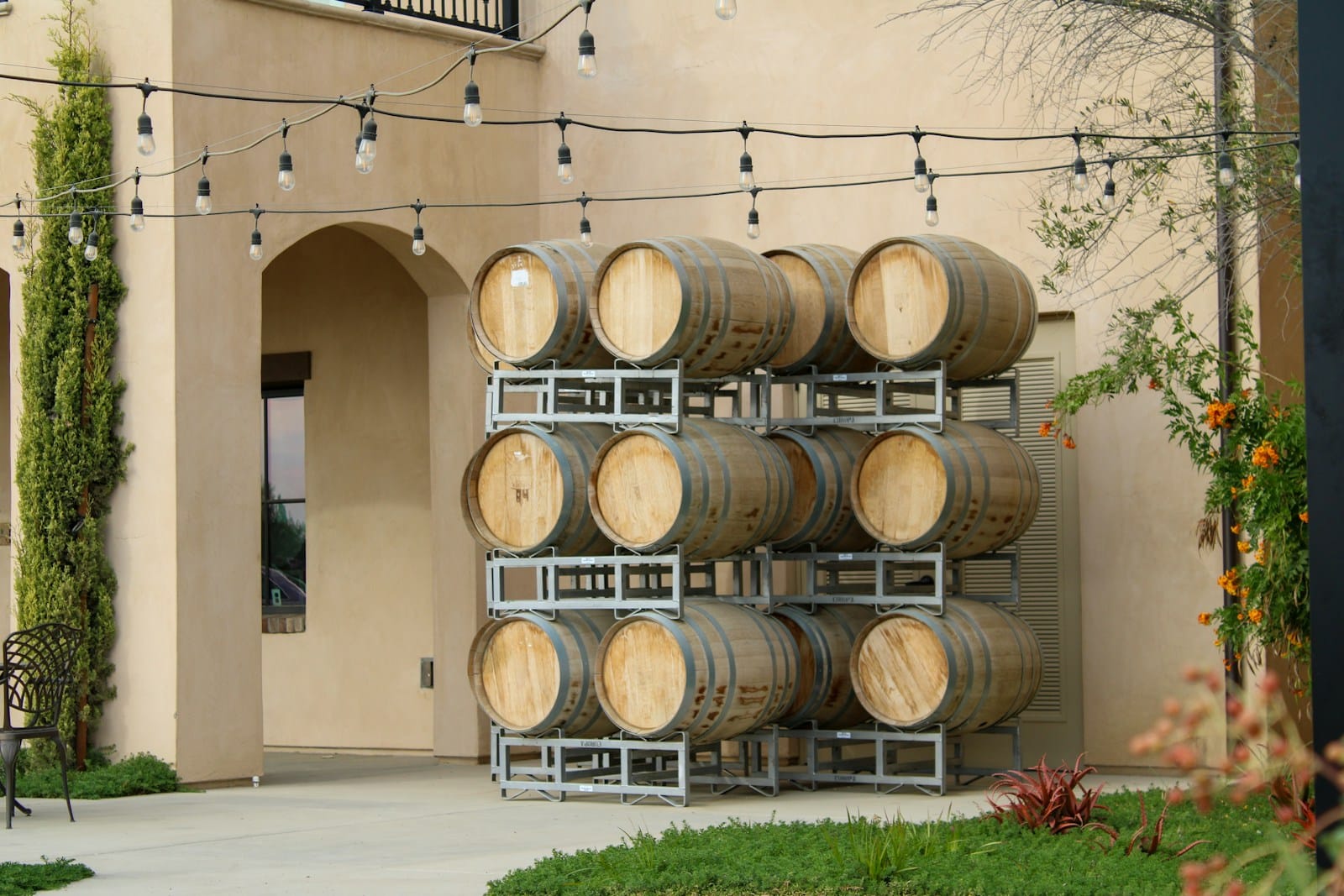 Wine barrels stacked outside a California winery amid American wineries closing and U.S. wine industry decline